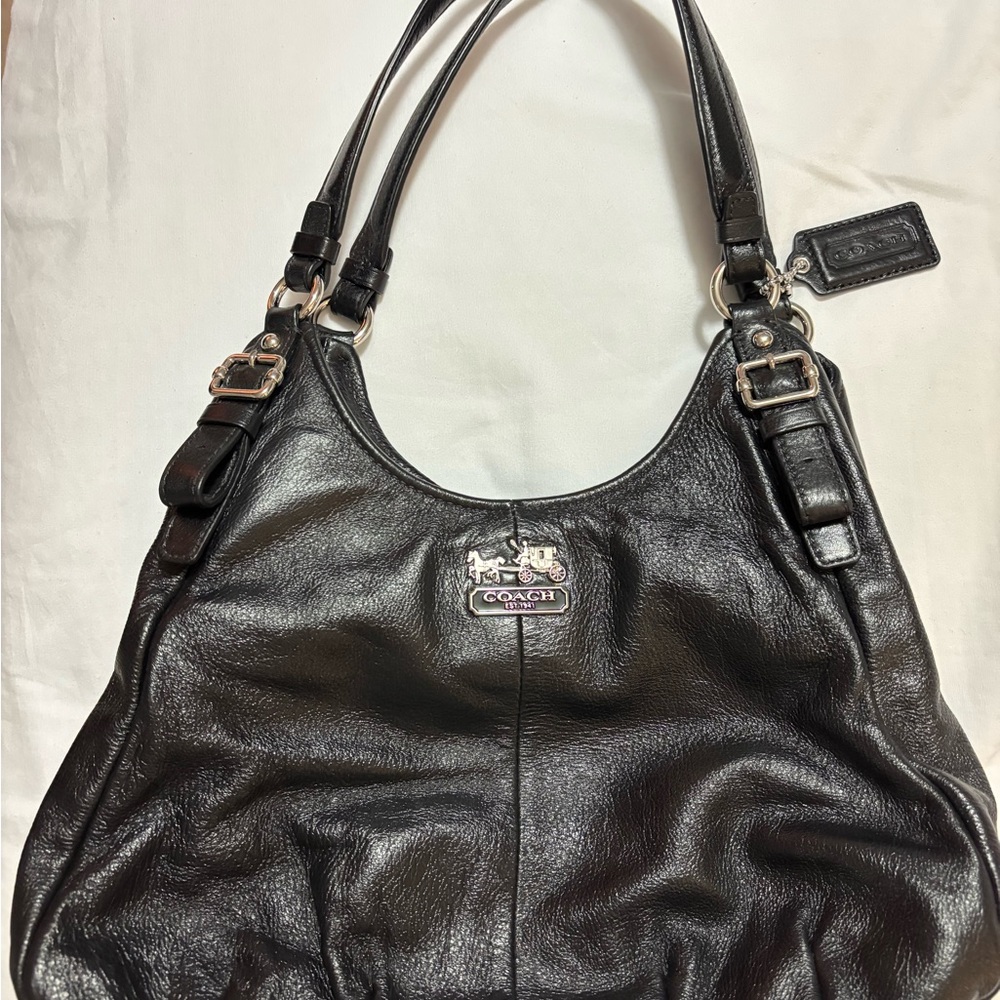 Coach Black Leather Shoulder Hobo Bag with Silver Hardware